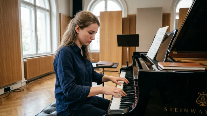 Pianistin Laetitia Hahn am Konzertflügel bei einem Auftritt