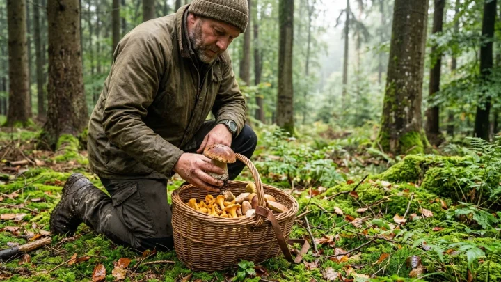 Frische Pilze auf dem Waldboden im Moos
