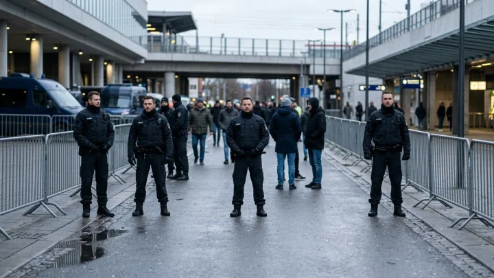 Polizeikräfte sichern die Anreise von Fußballfans am Bahnhof ab