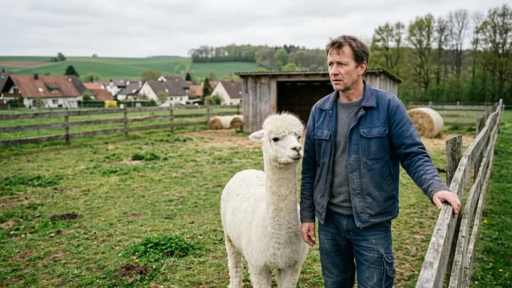 Patrick Stellmach mit Alpakas auf der Weide in Ensingen