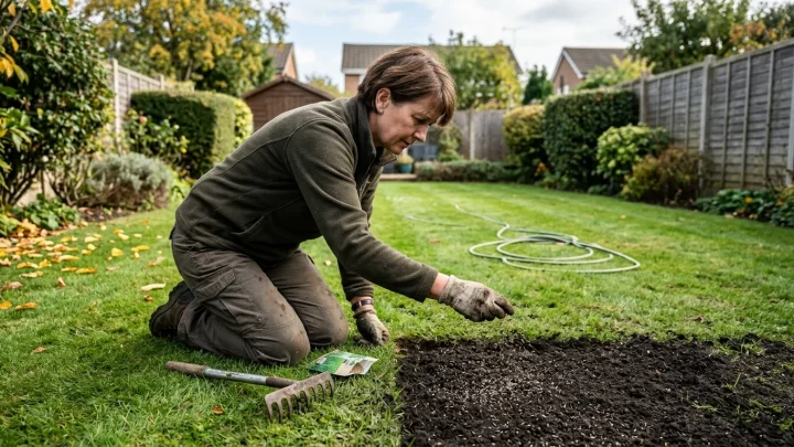 Gärtner verteilt Grassamen auf aufgelockertem Boden zur Rasennachsaat