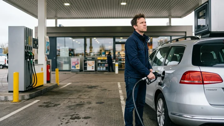 Zapfsäule an einer Tankstelle mit Preisanzeige für Benzin und Diesel