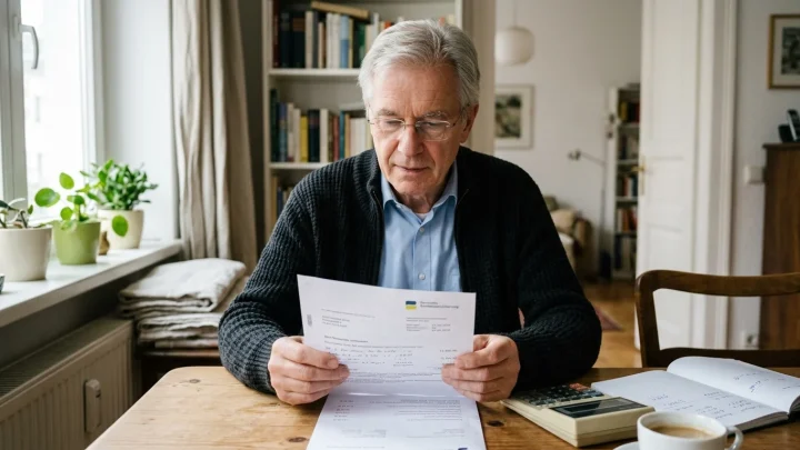 Senior prüft Rentenbescheid und berechnet die monatlichen Rentenbezüge mit Taschenrechner