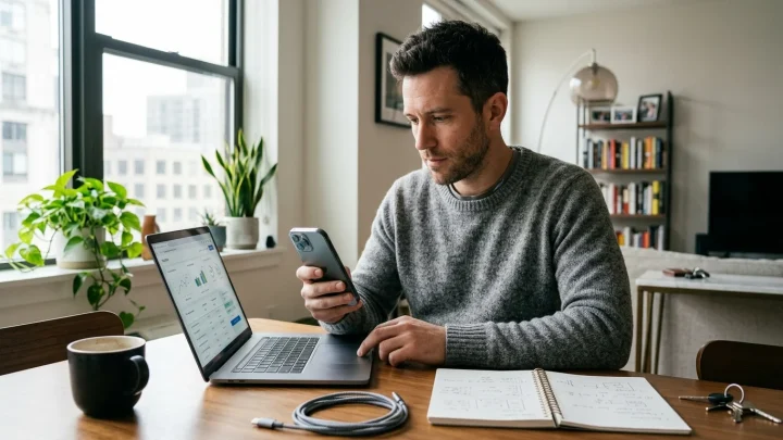 Modernes Samsung Smartphone auf einem Schreibtisch neben Vertragsunterlagen