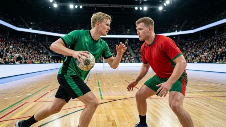 Mathias Gidsel und Gisli Kristjansson beim Bundesliga-Duell