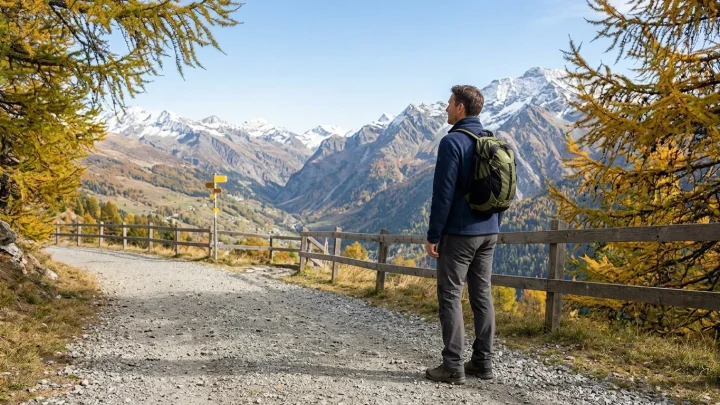 Herbstliche Berglandschaft in den Schweizer Alpen mit goldenen Lärchen und Wanderweg