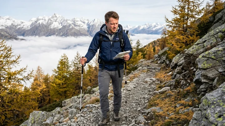 Wanderer auf einem Bergpfad in den Schweizer Alpen vor herbstlicher Bergkulisse