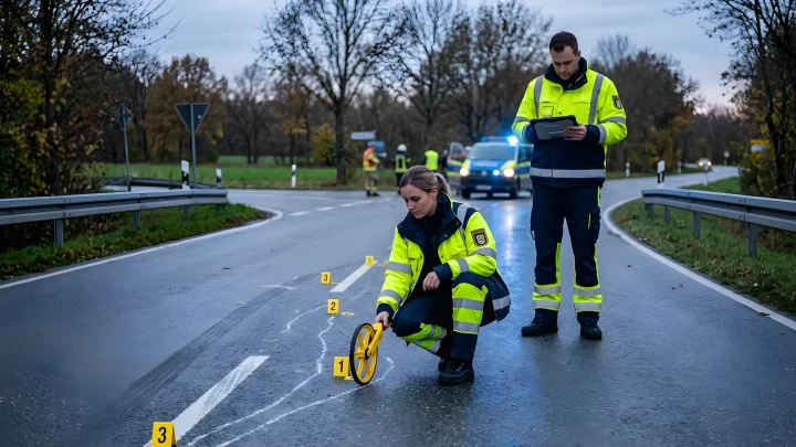 Polizeiwagen mit Blaulicht sperrt eine Straße nach einem schweren Verkehrsunfall ab