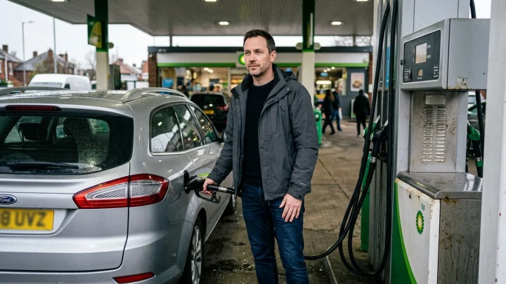 Zapfpistole an einer Tankstelle beim Betanken eines Autos