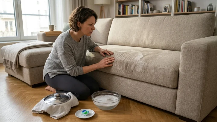Aufgelöster Spülmaschinentab in einer Schüssel neben einem Stoffsofa