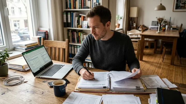 Formulare für die Steuererklärung und Taschenrechner auf einem Schreibtisch