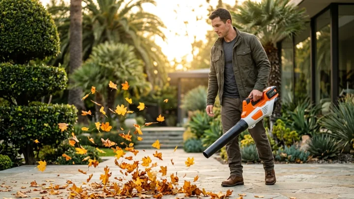 Stihl Akku-Laubbläser bei der Gartenarbeit im Herbst