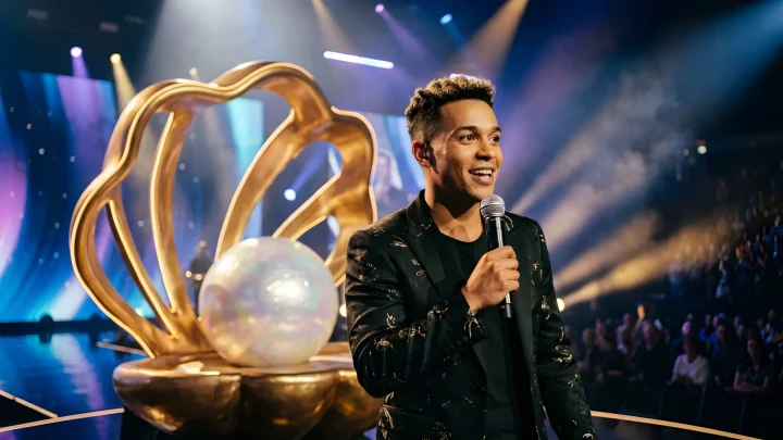 Prince Damien im goldenen Kostüm Perla bei The Masked Singer auf der ProSieben-Bühne