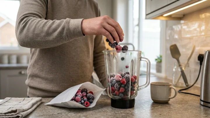Tiefgekühlte Beerenmischung mit Himbeeren und Waldfrüchten in einer Schale