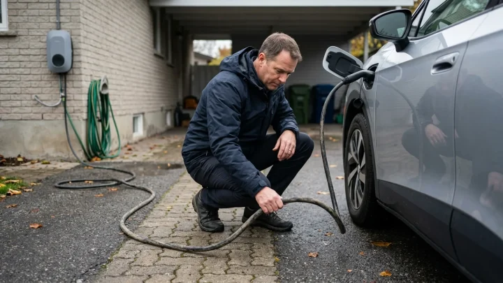 Ein Ladekabel wird an ein Elektroauto angeschlossen