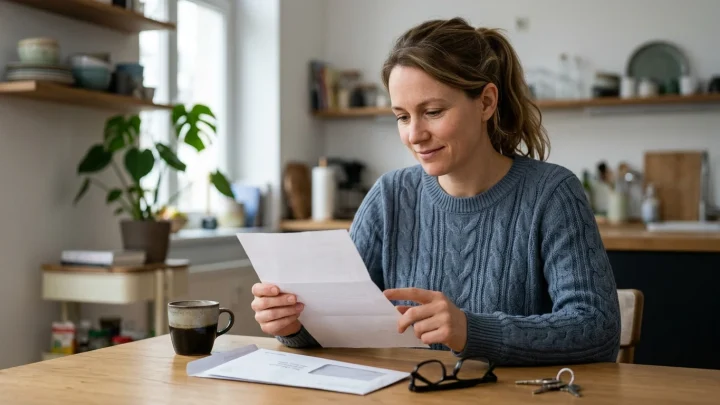 Frau mit Brief vor einem Briefkasten des Finanzamts