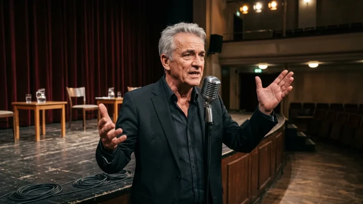 Kabarettist Uwe Steimle auf einer Theaterbühne während eines Auftritts