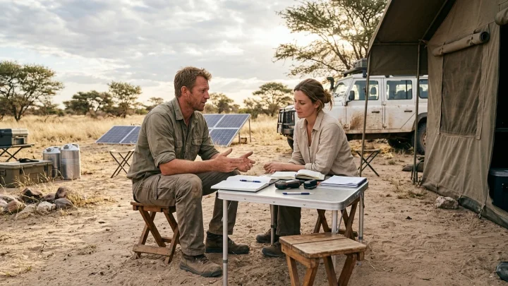Valentin Grüner in der Savanne von Botswana bei seinem Wildtierprojekt