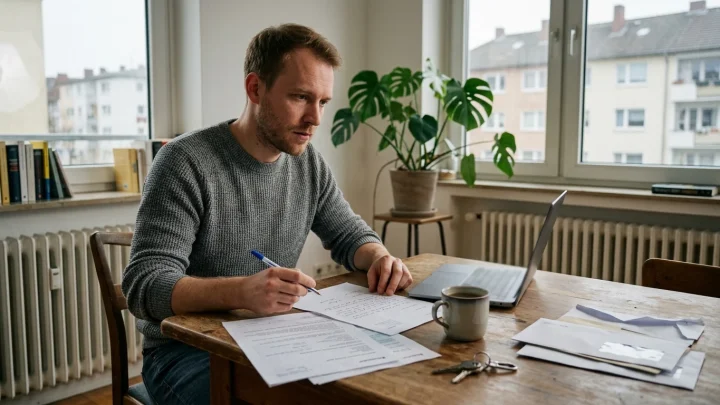Übergabeprotokoll und Wohnungsschlüssel auf einem Holztisch bei Mietkautionsstreit