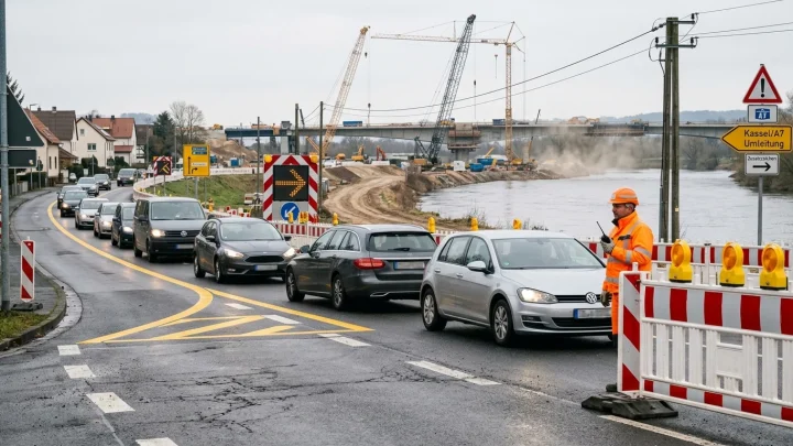 Bauarbeiten und Beschilderung zur Sperrung der B100 an der Muldebrücke nahe Pouch