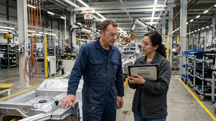 Volkswagen-Logo an einem Werkstor