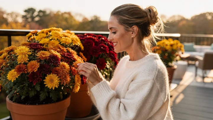 Farbintensive Topf-Chrysanthemen in herbstlicher Dekoration auf Balkon und Terrasse