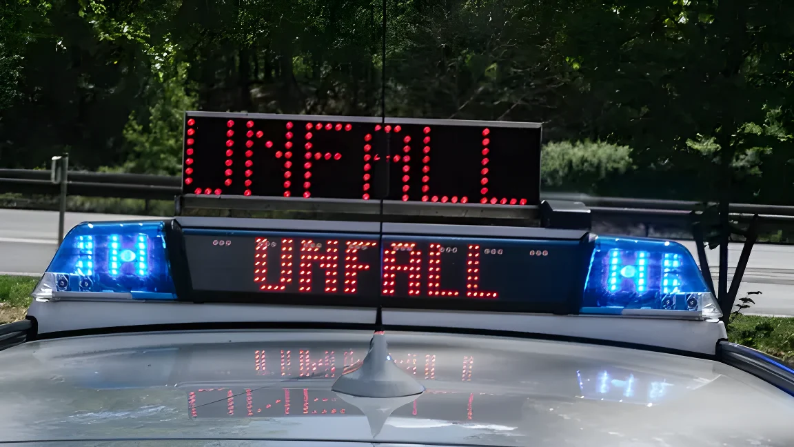 Die Anzeigetafel auf einem Einsatzfahrzeug der Polizei warnt vor einem Verkehrsunfall.