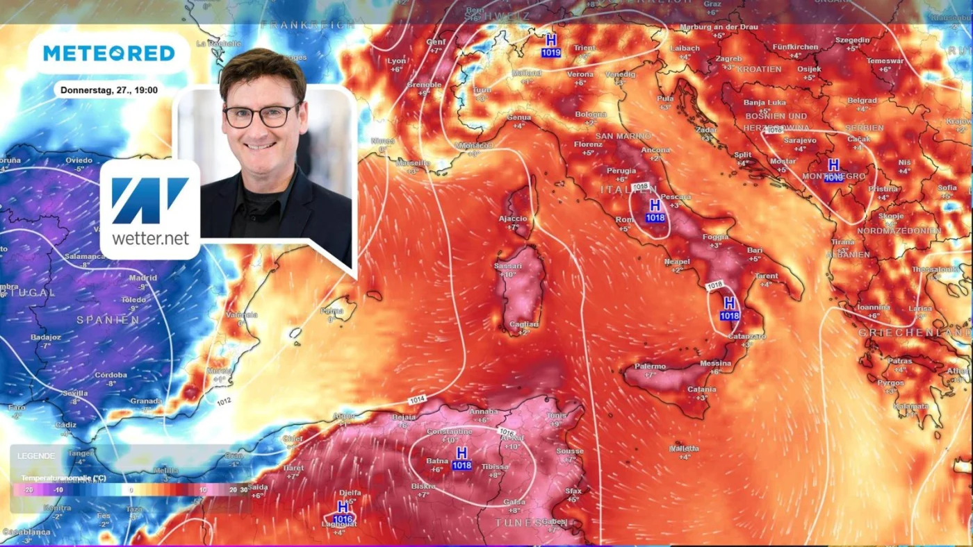 Die Temperaturanomalie rund ums Mittelmeer am Donnerstag (27. August).