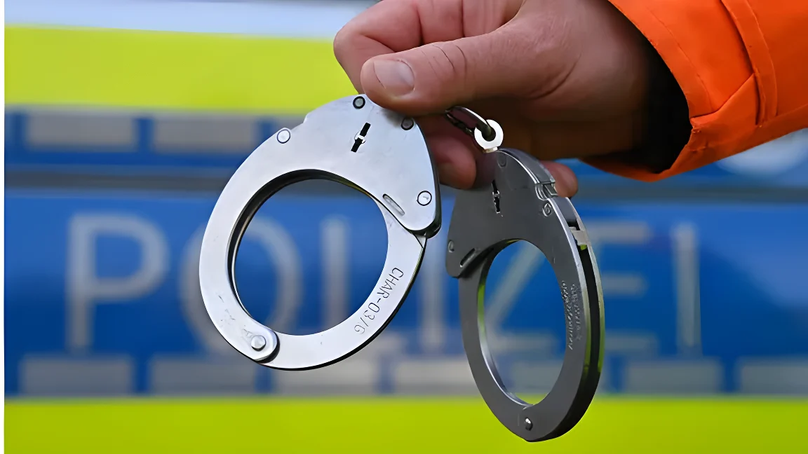 Eine Hand hält Handschellen vor einem Polizei-Zeichen