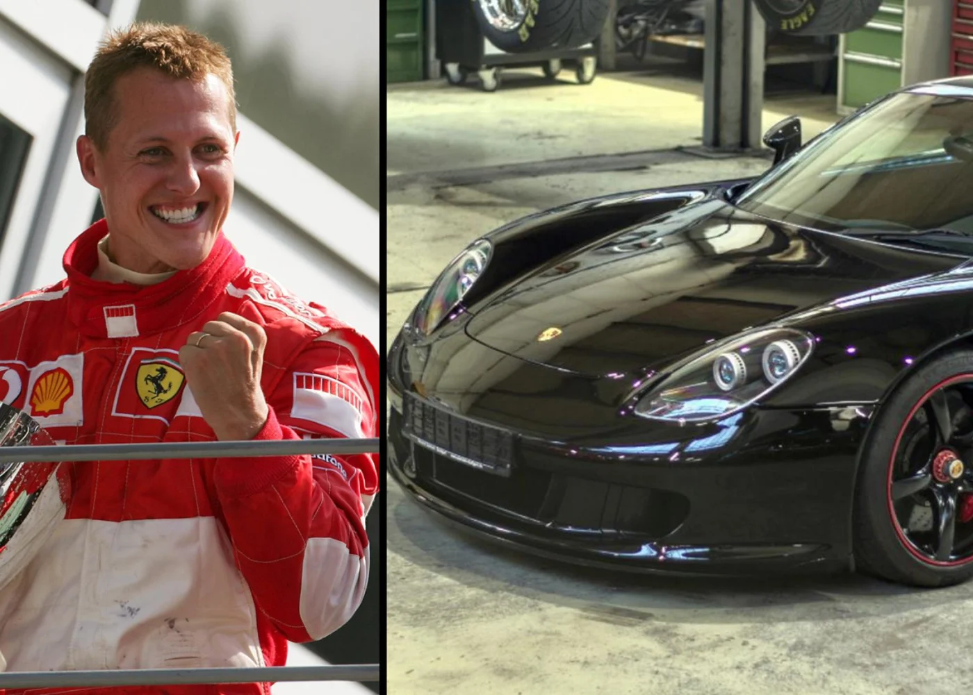 Formel 1-Legende Michael Schumacher neben einem Bild seines Porsche Carrera GT.