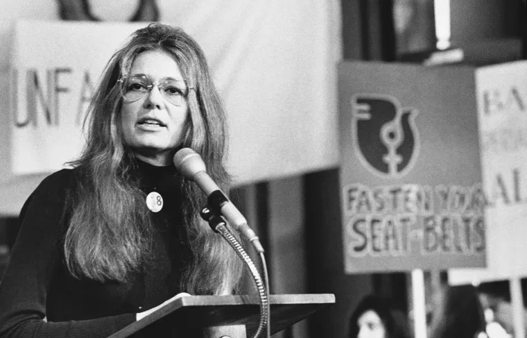 Gloria Steinem speaks at a rally outside the United Nations in New York, New York, 1978.