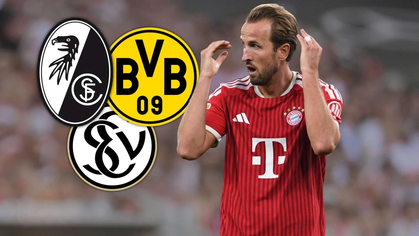 Harry Kane und die Wappen von SC Freiburg, BVB, SV Elversberg
