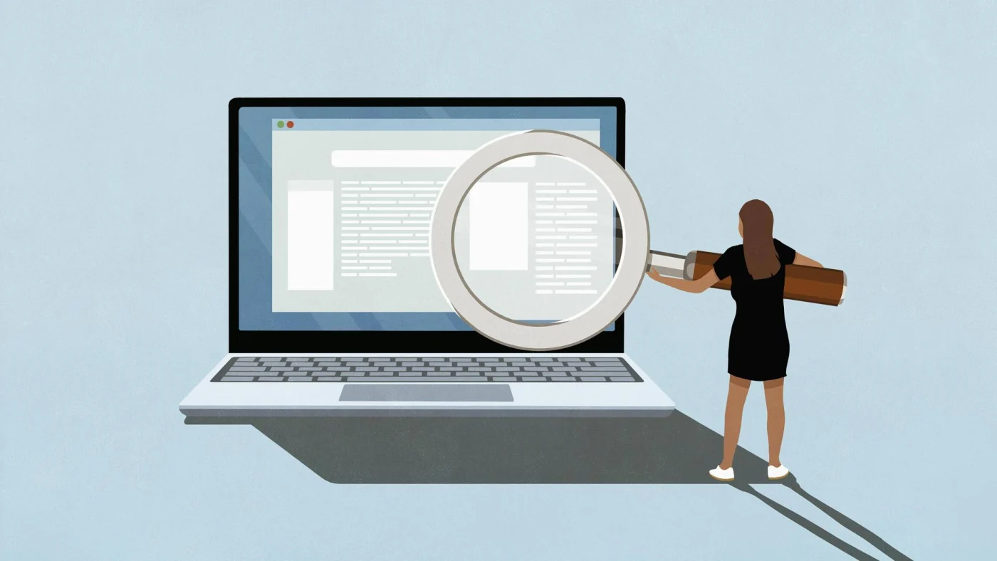 Illustration: Eine Frau hält eine riesengroße Lupe vor einen Laptopbildschirm
