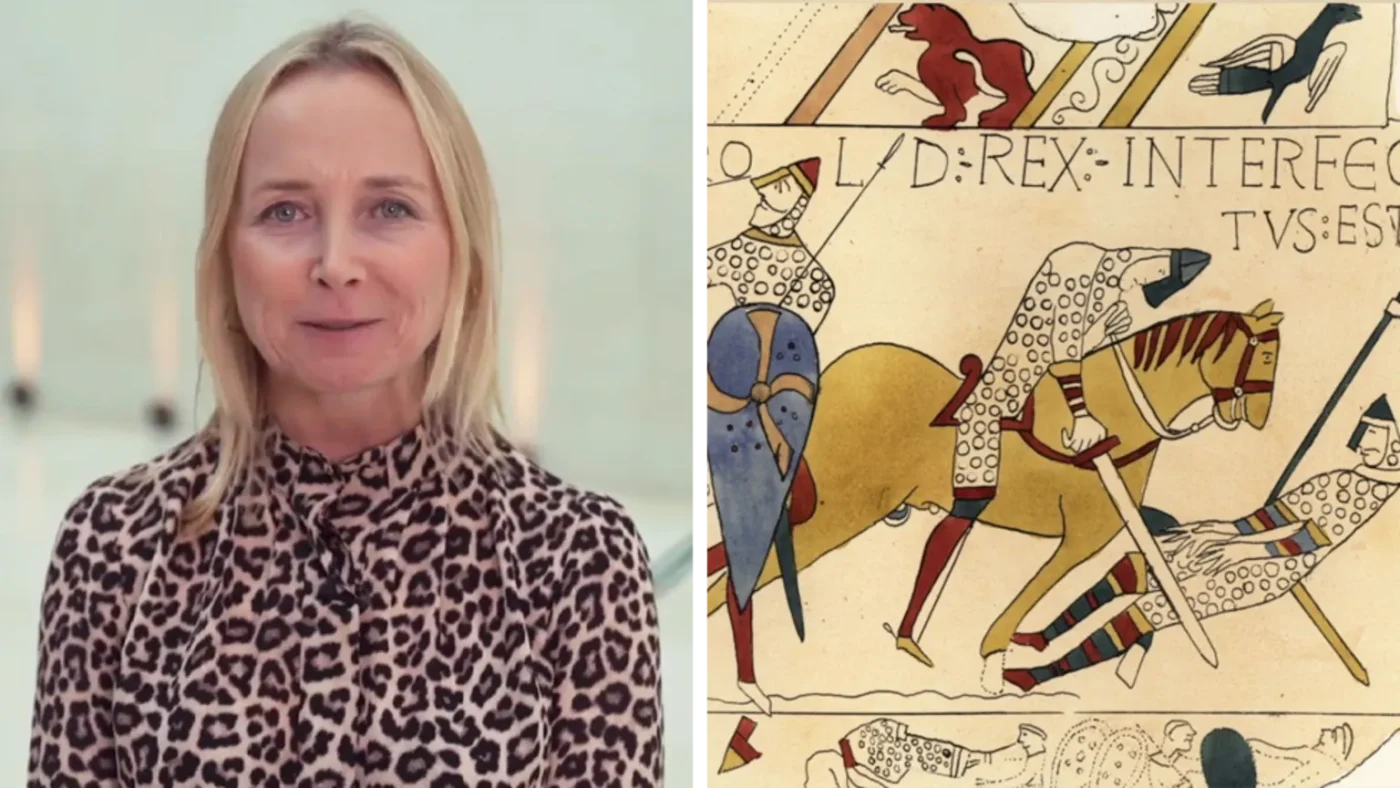 Katie Razzal split screen with the Bayeux Tapestry