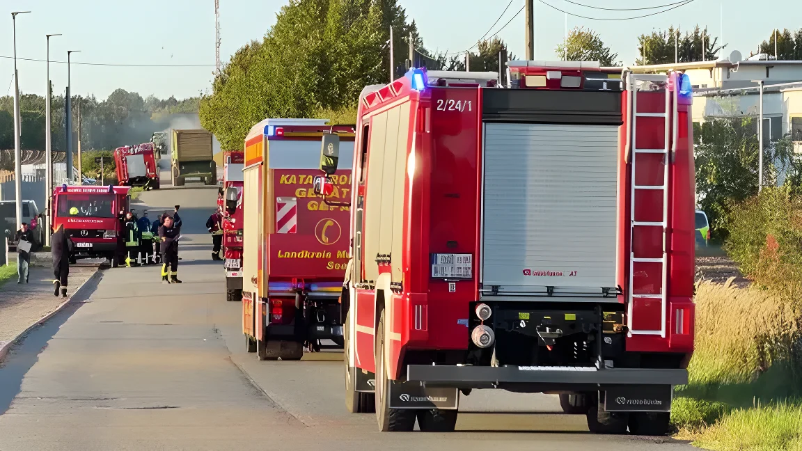 Mehrere Fahrzeuge der Feuerwehr stehen am Straßenrand.