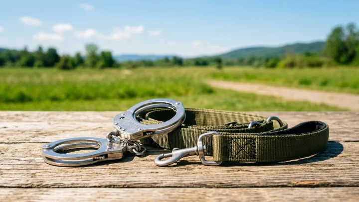 Polizeieinsatz mit Diensthund und Streifenwagen auf freiem Feld