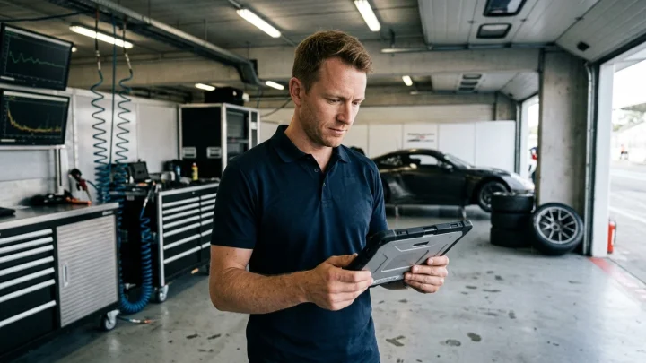 DTM-Fahrer Marco Wittmann im BMW-Rennanzug an der Rennstrecke