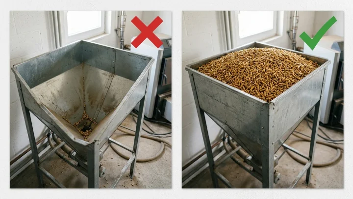 Holzpellets mit Metallschaufel auf Betonboden als Brennstoff für Pelletheizungen