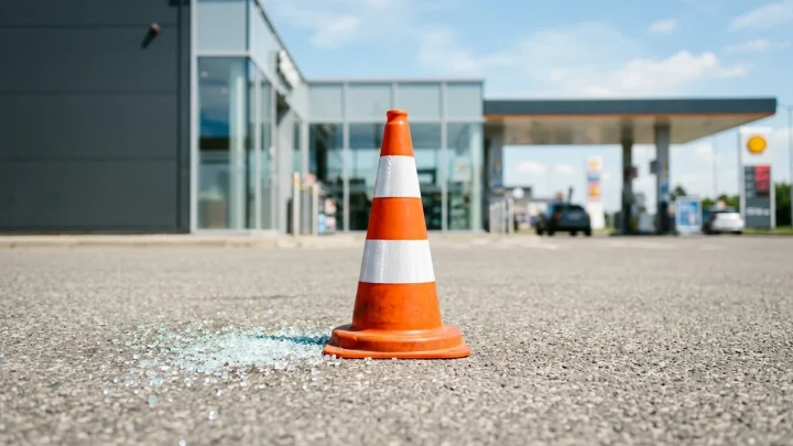 Einsatzkräfte und Rettungsfahrzeuge sichern eine Unfallstelle an einer Tankstelle an der Bundesstraße