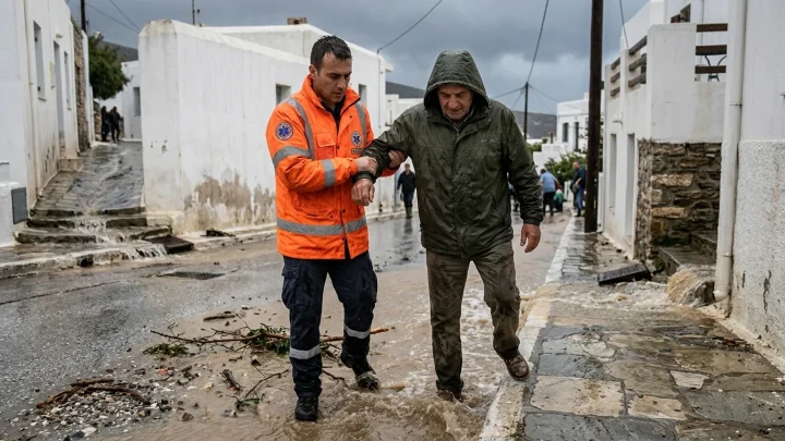 Überflutete Straßen und Sturmschäden nach einem Unwetter auf einer griechischen Insel