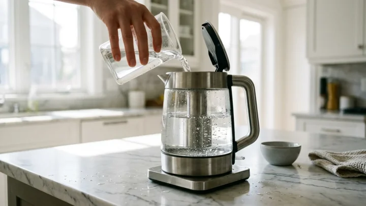 Wasserkocher aus Glas und Edelstahl wird mit einer Essigessenz-Wasser-Mischung gereinigt