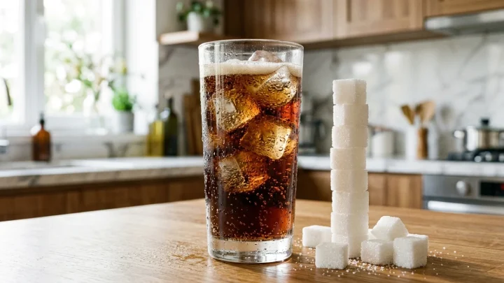 Zuckerhaltige Erfrischungsgetränke und Softdrinks in Flaschen im Supermarktregal