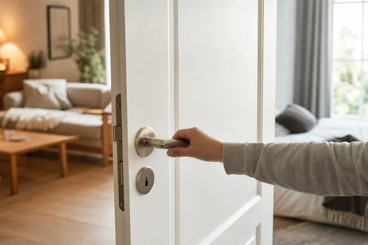Hand schließt die weiße Tür zwischen warmem Wohnzimmer und kühlem Schlafzimmer