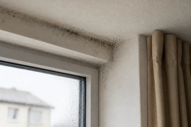 Kondenswasser am Fenster und erste Schimmelpunkte in der kalten Außenwandecke eines Schlafzimmers
