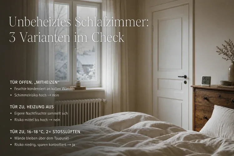 Schlafzimmer mit geschlossener Tür und Heizkörper, daneben Vergleich dreier Heiz-Varianten mit Schimmelrisiko und Empfehlung.