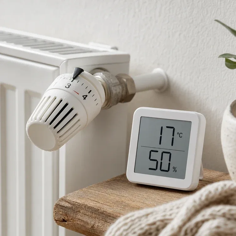 Thermostatkopf zwischen Stufe 2 und 3 und Hygrometer mit 17 Grad und 50 Prozent Luftfeuchte