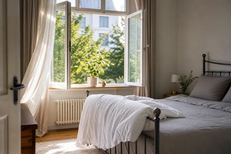 Weit geöffnetes Schlafzimmerfenster beim morgendlichen Stoßlüften mit aufgedeckter Bettdecke