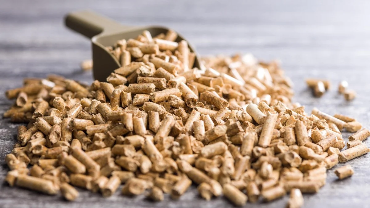 Wood Pellets With Metal Scoop On Concrete Surface For Biomass Fuel And Heating Use
